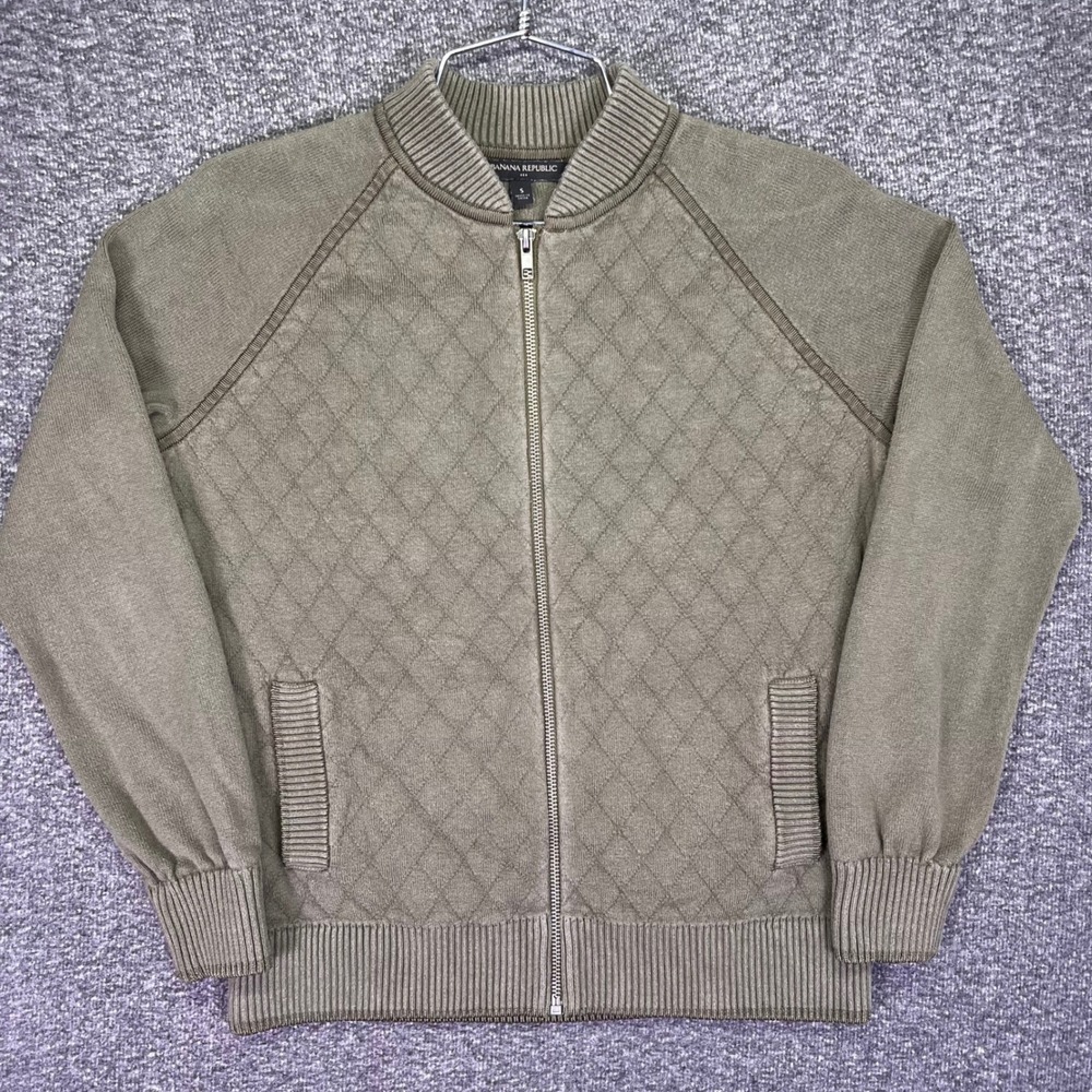 Banana Republic Bomber Cardigan Mens Small Olive Green Quilted Full Zip Casual